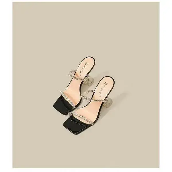 Womens Rhinestone Slippers | UV-Resistant Square-Toe High-Heel Shoes in Black, Peach, White