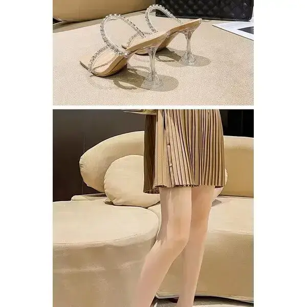 Womens Rhinestone Slippers | UV-Resistant Square-Toe High-Heel Shoes in Black, Peach, White