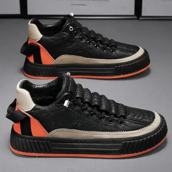 Mens Colorblock Canvas Sneakers | Breathable Low-Top Slip-On Shoes in Beige, Black, Orange