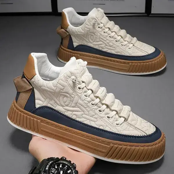 Mens Colorblock Canvas Sneakers | Breathable Low-Top Slip-On Shoes in Beige, Black, Orange