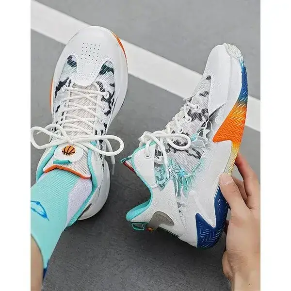 Mens Colorblock Mesh Sneakers | Hand-Painted Breathable Low-Top Shoes in White Red, White Orange