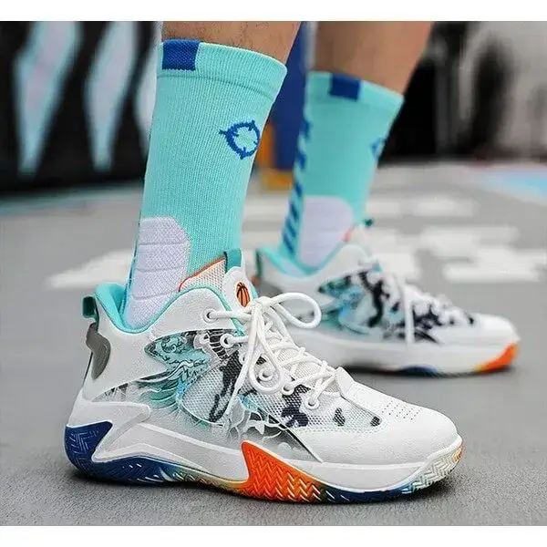 Mens Colorblock Mesh Sneakers | Hand-Painted Breathable Low-Top Shoes in White Red, White Orange