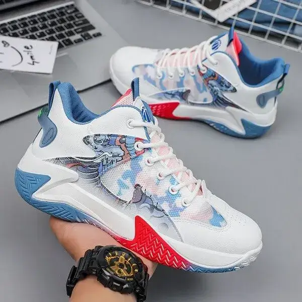Mens Colorblock Mesh Sneakers | Hand-Painted Breathable Low-Top Shoes in White Red, White Orange