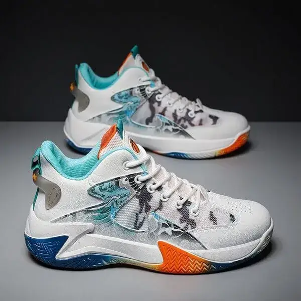 Mens Colorblock Mesh Sneakers | Hand-Painted Breathable Low-Top Shoes in White Red, White Orange