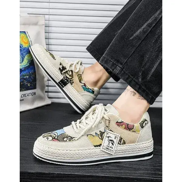 Mens Color-Matching Canvas Sneakers | UV-Resistant Low-Top Casual Shoes in Beige, Black, Green