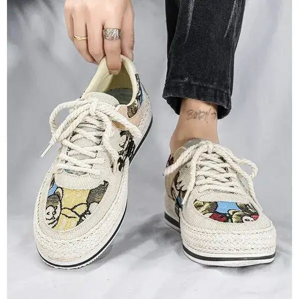 Mens Color-Matching Canvas Sneakers | UV-Resistant Low-Top Casual Shoes in Beige, Black, Green