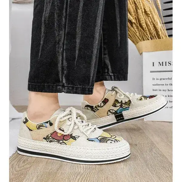 Mens Color-Matching Canvas Sneakers | UV-Resistant Low-Top Casual Shoes in Beige, Black, Green