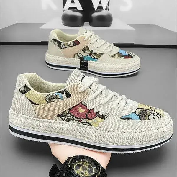 Mens Color-Matching Canvas Sneakers | UV-Resistant Low-Top Casual Shoes in Beige, Black, Green
