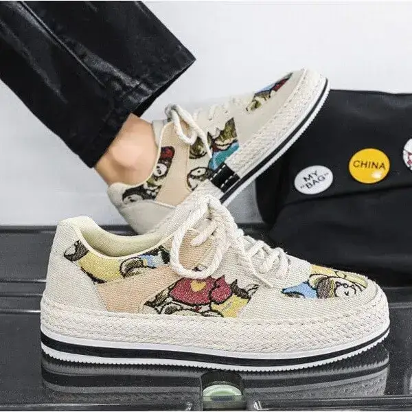 Mens Color-Matching Canvas Sneakers | UV-Resistant Low-Top Casual Shoes in Beige, Black, Green