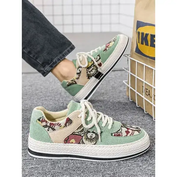 Mens Color-Matching Canvas Sneakers | UV-Resistant Low-Top Casual Shoes in Beige, Black, Green