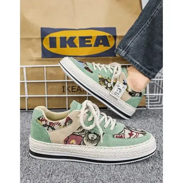 Mens Color-Matching Canvas Sneakers | UV-Resistant Low-Top Casual Shoes in Beige, Black, Green