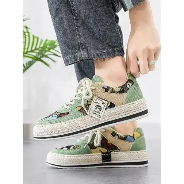 Mens Color-Matching Canvas Sneakers | UV-Resistant Low-Top Casual Shoes in Beige, Black, Green
