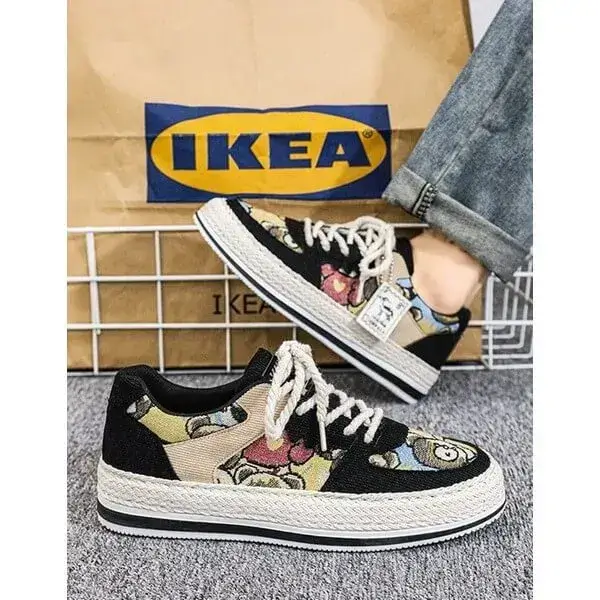 Mens Color-Matching Canvas Sneakers | UV-Resistant Low-Top Casual Shoes in Beige, Black, Green