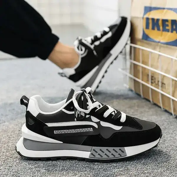 Mens Color-Matching Sneakers | Light-Reflective Low-Top Casual Shoes in Beige, Black, Olive