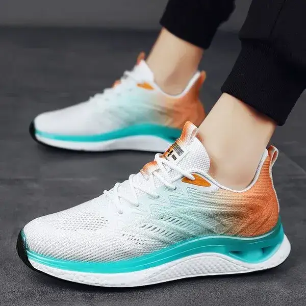Mens Lightweight Running Sneakers | Light-Reflective Low-Top Sports Shoes in White Blue, White Orange, Black