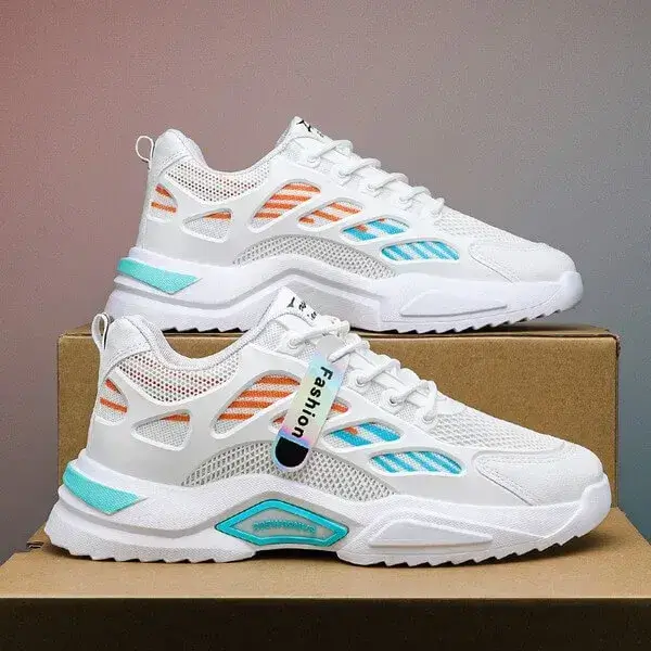 Mens Color-Block Sneakers | Light-Reflective Low-Top Sports Shoes in Blue, Grey