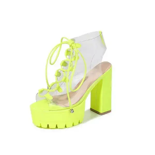 Womens Transparent Lace-Up Platform Heels | Open-Toe Block Shoes in Black, White, Yellow