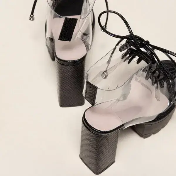 Womens Transparent Lace-Up Platform Heels | Open-Toe Block Shoes in Black, White, Yellow