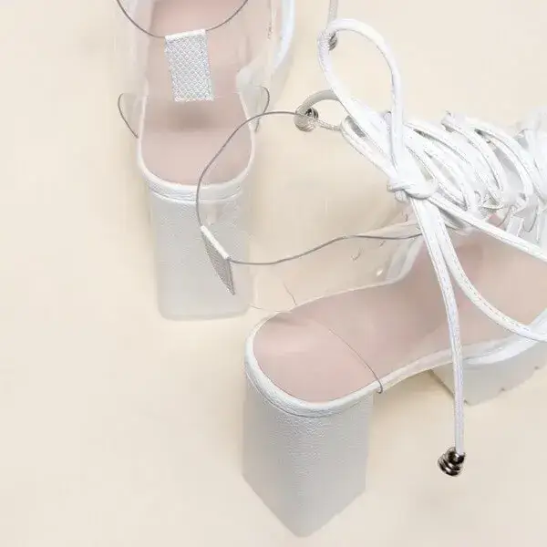 Womens Transparent Lace-Up Platform Heels | Open-Toe Block Shoes in Black, White, Yellow