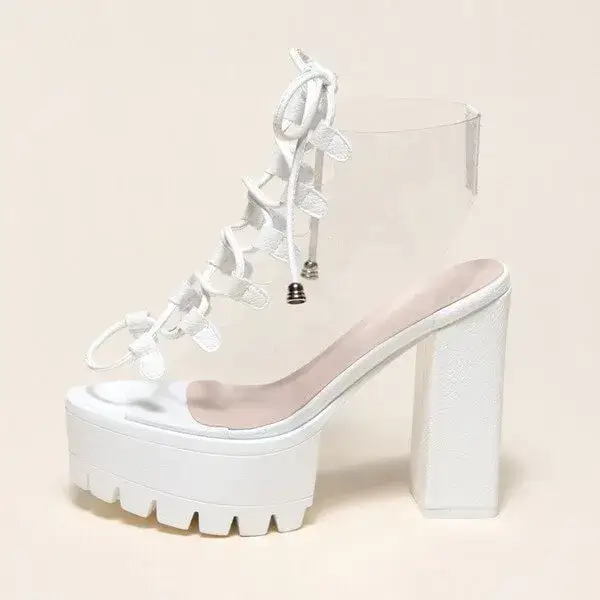 Womens Transparent Lace-Up Platform Heels | Open-Toe Block Shoes in Black, White, Yellow