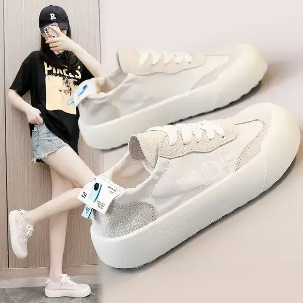 Womens Breathable Lace-Up Flat Shoes | Round Toe Casual Sneakers in Blue, Pink, White, Yellow