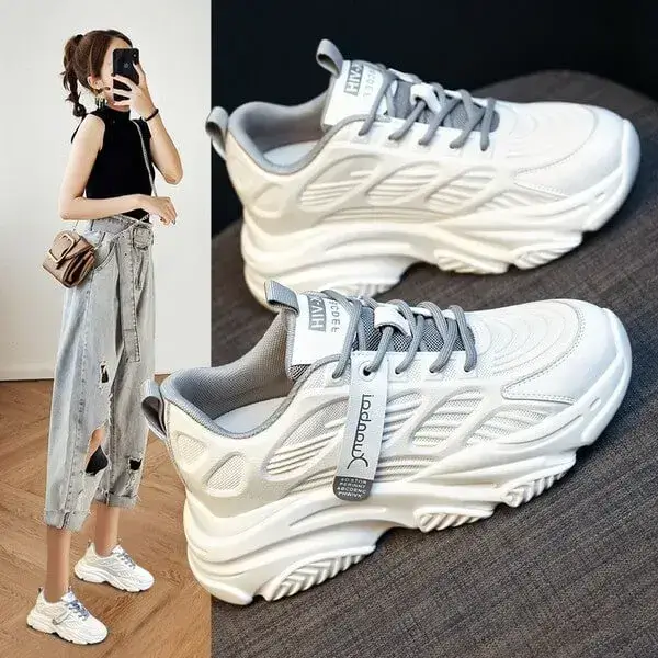 Womens Solid Color Sneakers | Lace-Up Breathable Low-Top Shoes in Grey, White