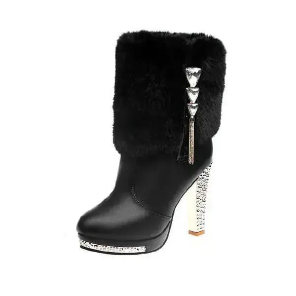 Womens Plush Boots | Pointed Toe Rhinestone Chunky Heel Platform Shoes in Black, White