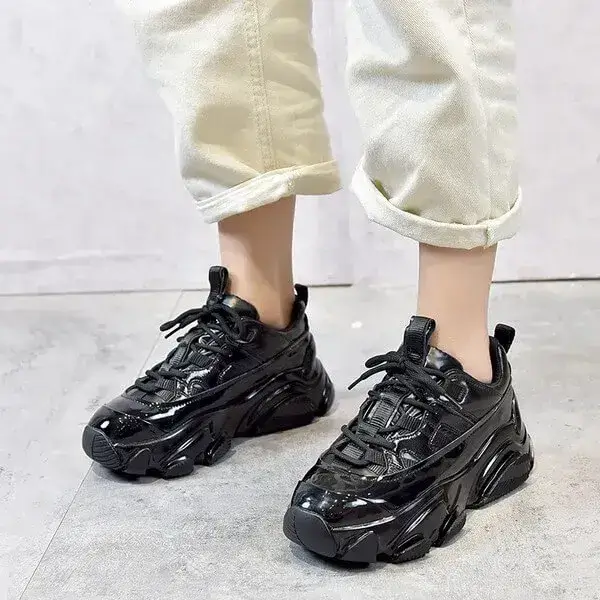 Womens Contrast Panel Sneakers | Light-Reflective Mid-Top Platform Shoes in Black, Silver