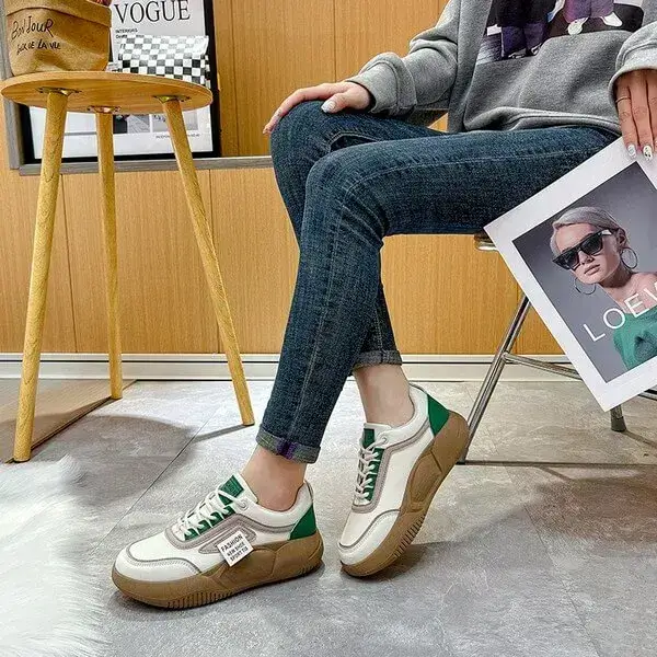 Womens Contrast Color Sneakers | Light-Reflective Low-Top Platform Shoes in Green, Yellow