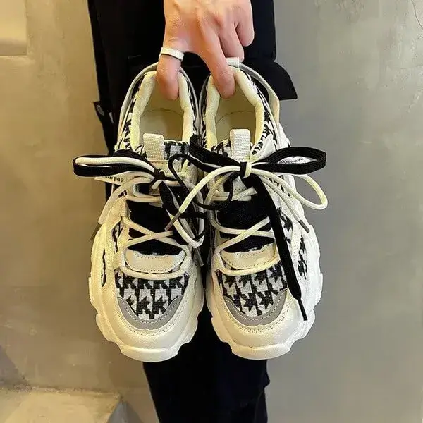 Womens Plaid Platform Sneakers | Water-Repellent Low-Top Sports Shoes in Black, Green