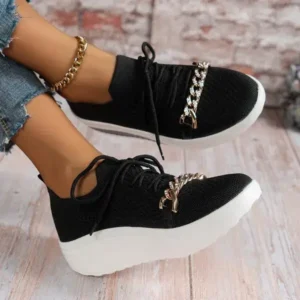 Fitsupfashion Women'S Plus Size Fly Woven Breathable Upper Chain Wedge Lace-Up Sneakers