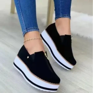 Fitsupfashion Women Fashion Retro Platform Mid Top Solid Color Sneakers