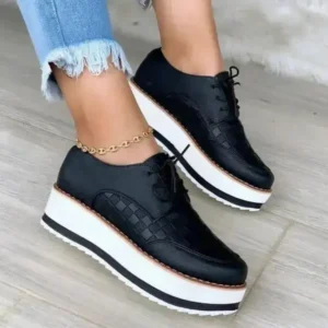 Fitsupfashion Women'S Fashion Vintage Lace-Up Solid Color Flat Slip-On PU Sneakers Shoes