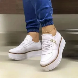 Fitsupfashion Women Fashion Round Toe Solid Color Pu Hidden Wedge Lace-Up Low Top Sneakers Shoes