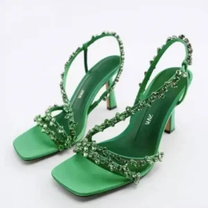 Fitsupfashion Women Fashion Plus Size Sexy Rhinestone Strap Square Toe Heeled Sandals