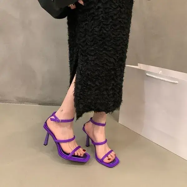 Fitsupfashion Women Fashion Sexy Simple Strap Square Toe Heeled Sandals