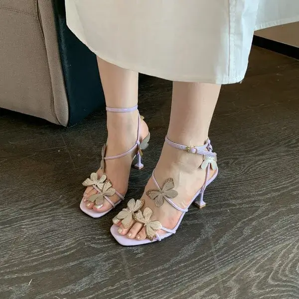 Fitsupfashion Summer Women Fashion Sexy Butterfly Square Toe Heeled Sandals