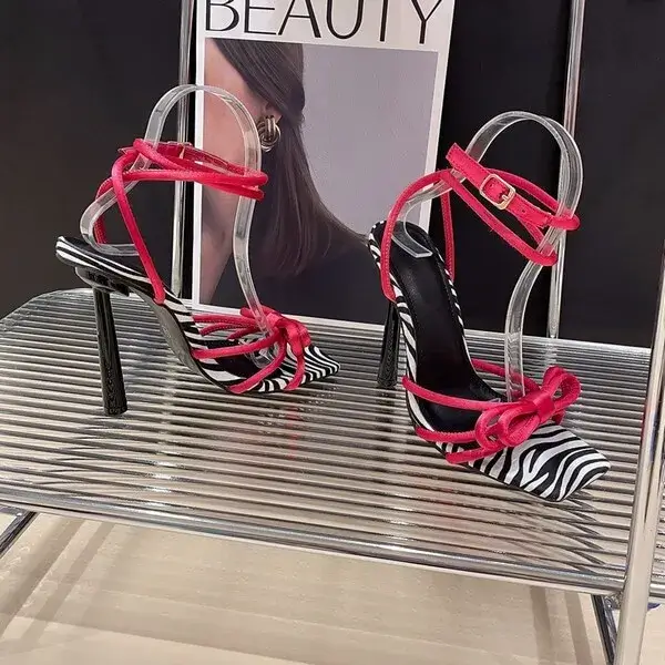 Fitsupfashion Women Fashion Casual Lace-Up Bow Color Blocking Stiletto Heel Sandals