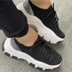 Fitsupfashion Wedge Heel Flying Woven Colorblock Lace-Up Sneakers Large Size Casual Low Top Women Shoes