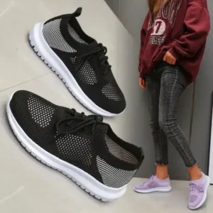 Fitsupfashion Women Casual Sports Lace-Up Design Mesh Breathable Solid Color Sneakers