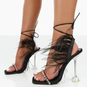 Fitsupfashion Women Fashion Sexy Rhinestone Feather Decorative Solid Color High Heel Sandals Shoes