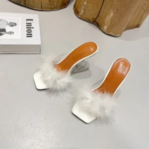 Fitsupfashion Women Fashion Sexy Feather Decoration Solid Color Chunky High Heel Slippers Shoes