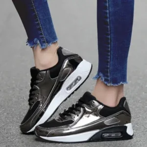 Fitsupfashion Women Casual Sports Lace Up Design Shiny Air Cushion Platform Sneakers