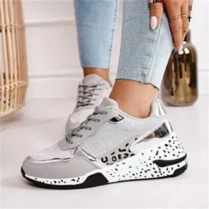 Fitsupfashion Women Fashion Casual Leopard Print Color Matching Lace-Up Platform Sneakers