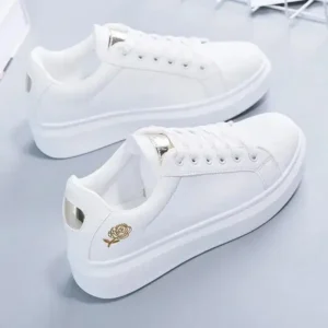 Fitsupfashion Women Casual Fashion Rose Embroidery Thick-Soled Comfortable PU Leather White Sneakers