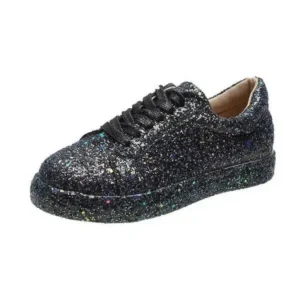 Fitsupfashion Women Creative Casual Sequined Solid Color Lace-Up Low-Top Flat Sneakers