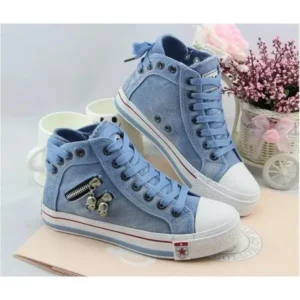 Fitsupfashion Women Casual Spring Zipper Decor Lace-Up High Top Denim Canvas Sneakers