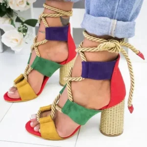 Fitsupfashion Women Fashion Sexy Cross Hollow Lace Up Design Color Blocking High Heel Sandals Shoes