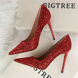 Fitsupfashion Women Sexy Shining Sequins Decor Pointed-Toe Stiletto Shoes Pumps