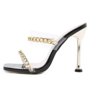 Fitsupfashion Women Sexy Plus Size Metal Chain Square-Toe High Heel Sandals